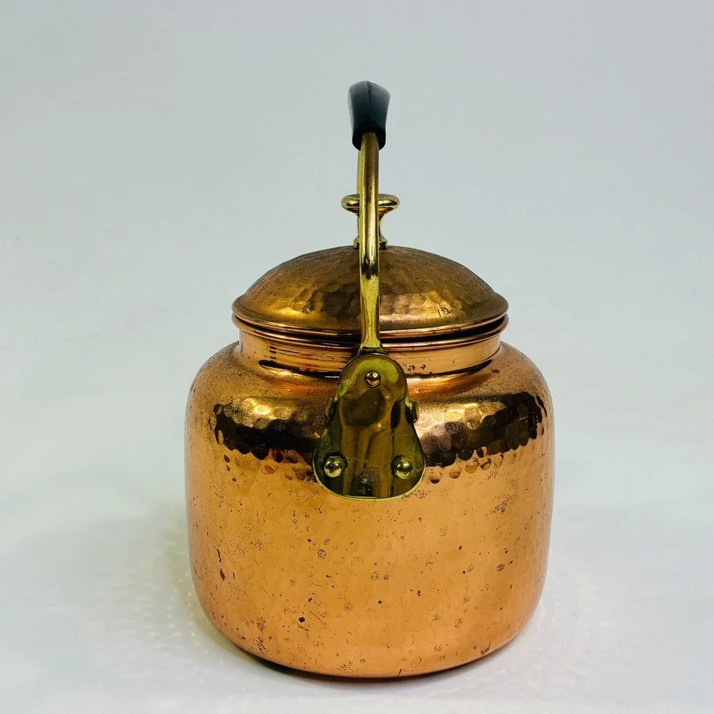 Hammered India Pure Copper Tea Kettle and 2 Moscow Mule Mugs Set Brass Handles